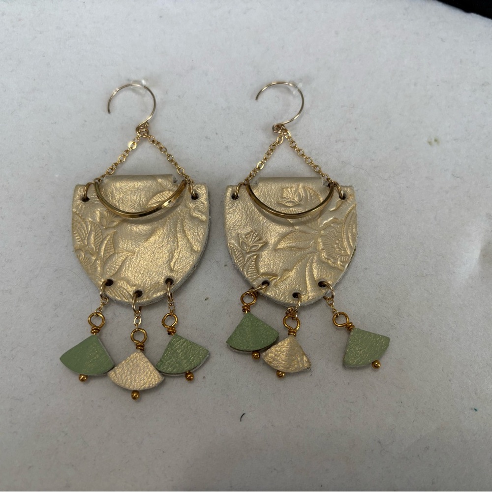 Elegant Gold and Green Dangle Leather Earrings